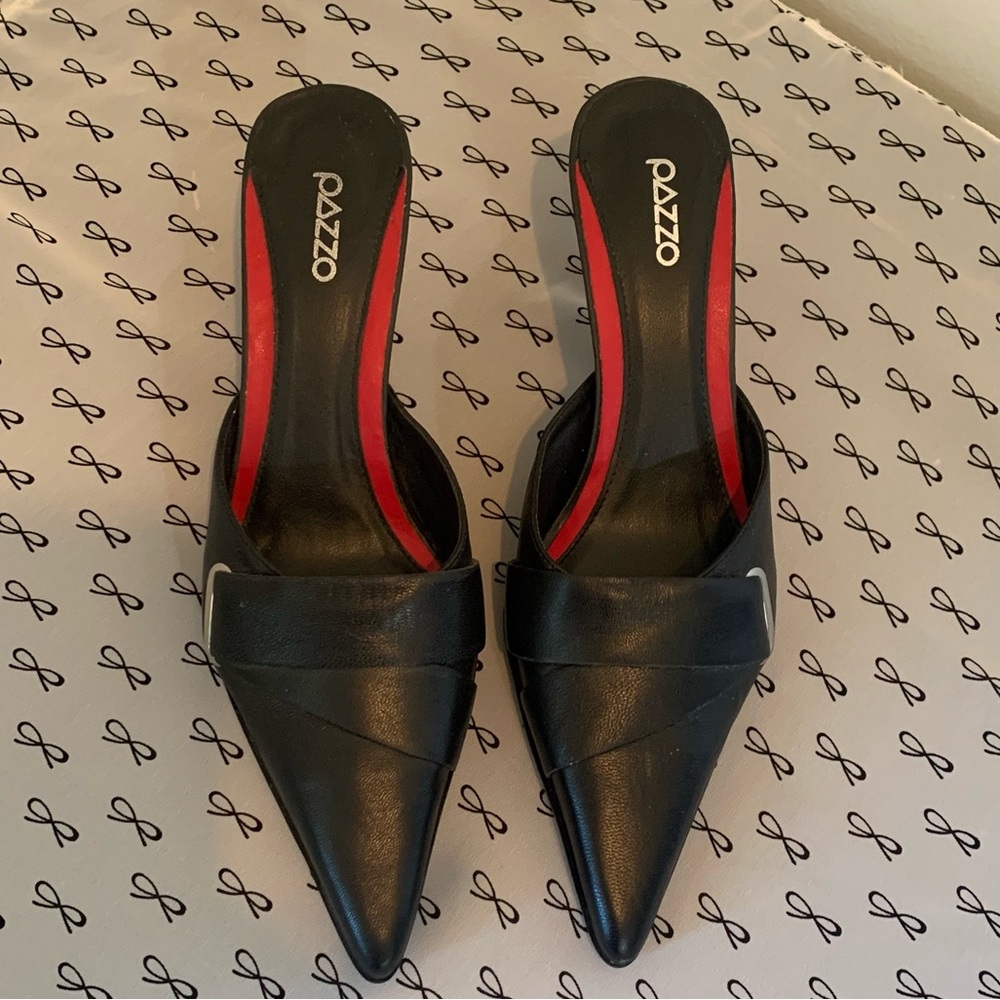 Pazzo Black Leather Kitten Heel Mules